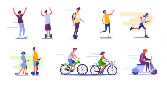 8款扁平插画风格玩平衡车骑自行车和摩托车的年轻人图片免抠矢量素材