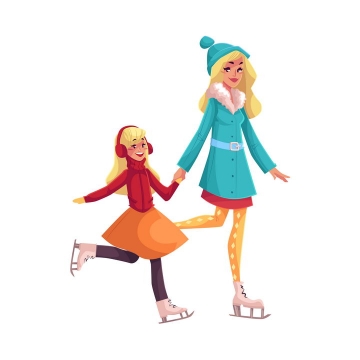 插画风格牵着女儿手的年轻妈妈正在一起溜冰母女温情图片免抠矢量图素材