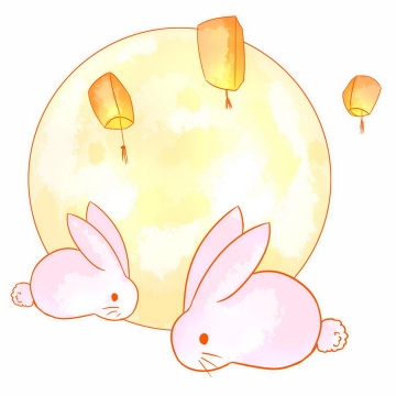 两只粉色小兔子黄色月亮中秋节png图片免抠素材