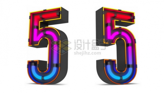 C4D风格紫红色霓虹灯管效果3D立体数字五5艺术字体655262psd/png图片素材