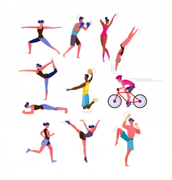 扁平插画风格各种健身操瑜伽自行车跑步等运动图片免抠矢量素材