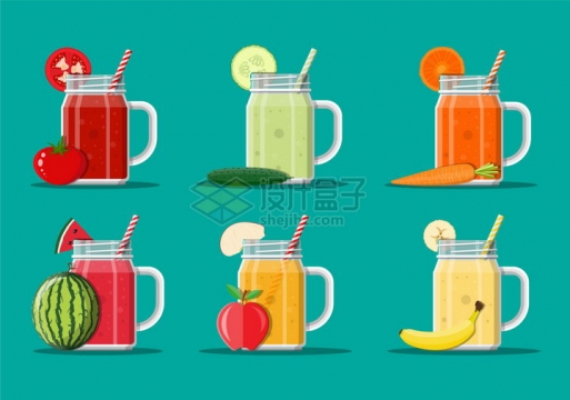番茄汁黄瓜汁胡萝卜汁西瓜汁苹果汁香蕉汁等美味果汁png图片素材