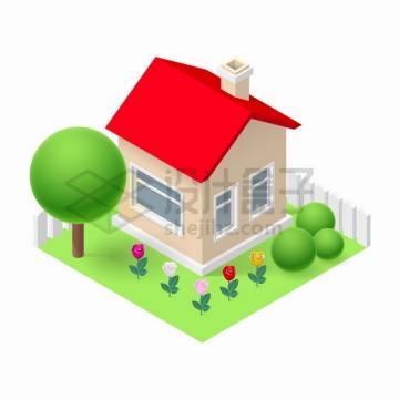 2.5D风格卡通红瓦的小房子和圆球树冠的大树png图片素材