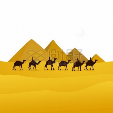 黄色沙漠和金字塔以及慢行的骆驼队剪影png图片免抠矢量素材