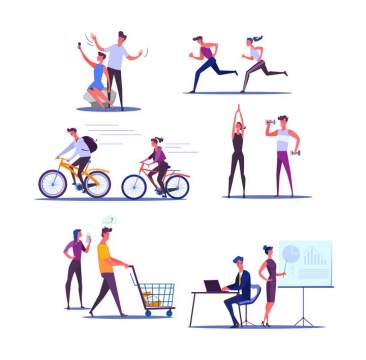 6款扁平插画风格一起健身跑步骑自行车锻炼购物的情侣图片免抠矢量素材