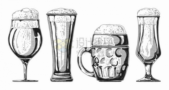 手绘素描风格4款冒着啤酒花的啤酒杯png图片免抠矢量素材