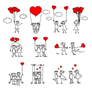 10款卡通线条小人情侣牵着红心气球情人节配图图片免抠矢量素材