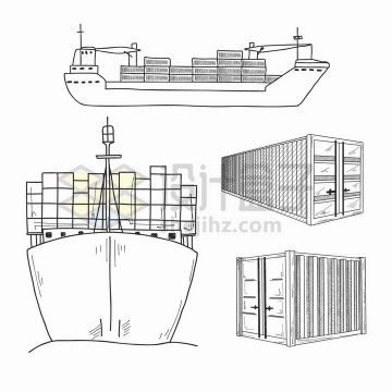 手绘素描风格装满集装箱的货轮海上运输轮船png图片免抠矢量素材