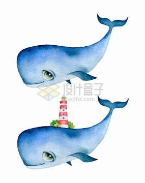 抽象卡通鲸鱼和身上的灯塔彩绘插画png图片素材