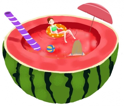 创意夏日水果在西瓜中游泳的女孩抽象图片免抠素材