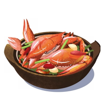 手绘风格砂锅中的香辣蟹png图片免抠素材