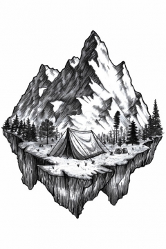铅笔素描插画风格大山和露营地悬空岛风景速写782918png免抠图片素材