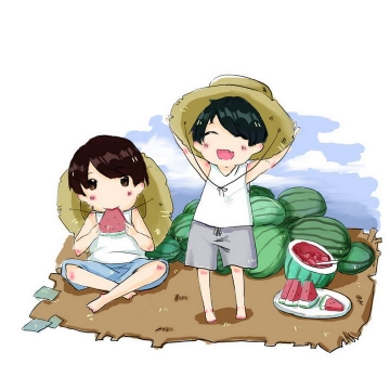 手绘插画风格夏天在田地里吃西瓜的小朋友图片免抠素材