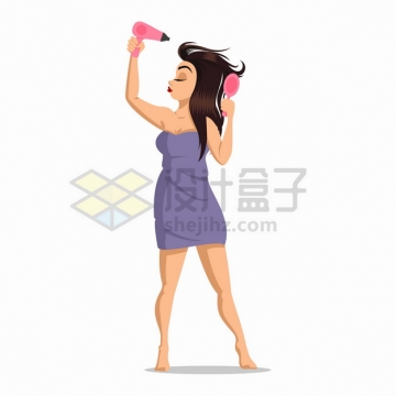卡通女孩洗澡完毕正在用吹风机吹头发和梳头png图片素材