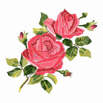 彩色线条勾勒的红色玫瑰花和绿色叶子png图片免抠矢量素材