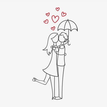 手绘卡通线条小人拥抱在一起的情侣打伞有爱心图片免抠矢量素材