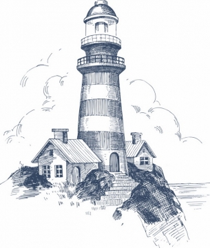 铅笔素描插画风格海边山上的灯塔建筑风景速写683059png免抠图片素材