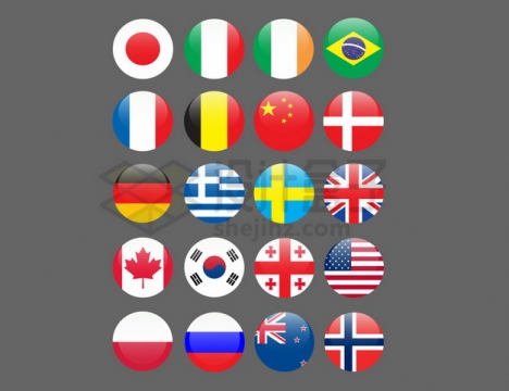中国日本巴西德国加拿大美国澳大利亚俄罗斯等国旗图案圆形按钮png图片素材
