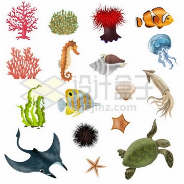 红珊瑚小丑鱼海马海螺水母海带乌贼海龟海胆蝠鲼魔鬼鱼等海洋鱼类526230png矢量图片素材