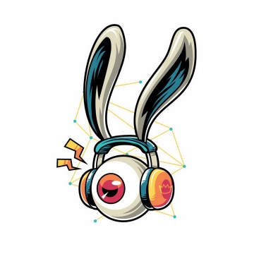 抽象漫画风格戴着耳机听歌的大眼睛眼球和兔耳朵装饰png图片免抠矢量素材