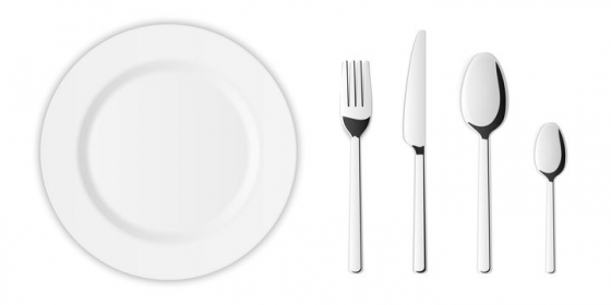 俯视视角的逼真白色餐盘和刀叉勺子餐具组合图片免抠矢量素材