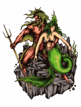 漫画风格古希腊神话中的海神拿着三叉戟的海神波塞冬与美人鱼海后png图片免抠矢量素材