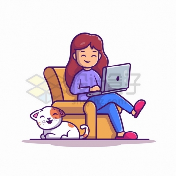 MBE风格坐在沙发上玩电脑的女孩脚边趴着一只猫咪png图片素材