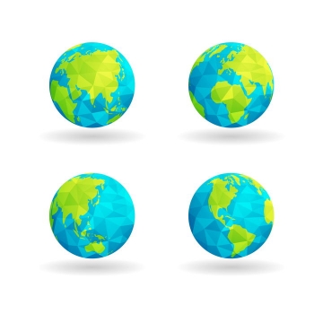 4款不同角度的多边形组成的蓝色绿色地球png图片免抠矢量素材