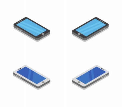4个不同角度的2.5D风格智能手机png图片免抠矢量素材