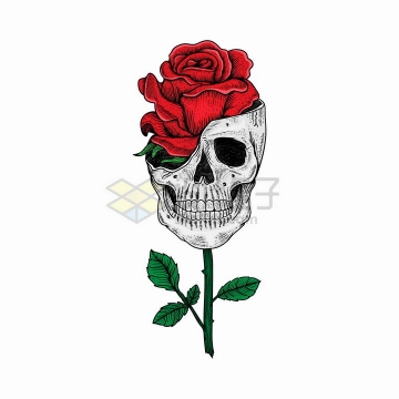 抽象骷髅头中长出了一朵红色的玫瑰花png图片免抠矢量素材