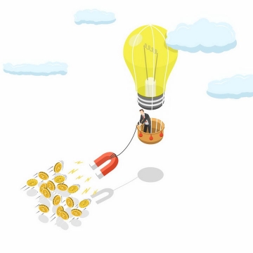 商务人士坐电灯泡热气球磁铁吸引金币象征了好的创意可以吸引投资资金png图片免抠矢量素材