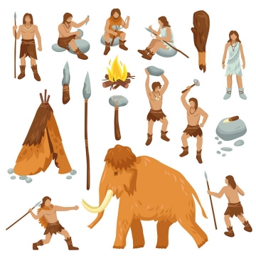 手绘风格原始社会猛犸象和狩猎的原始人图片免抠素材
