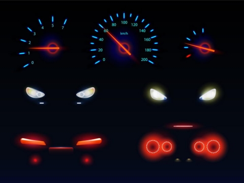 发光的汽车仪表盘速度表和大灯红色车尾灯png图片免抠矢量素材