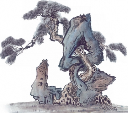 彩色水墨画中国传统国画怪石和松树858226png免抠图片素材