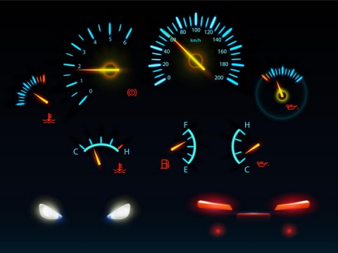 发光的蓝色汽车仪表盘速度表和车大灯车尾灯png图片免抠矢量素材