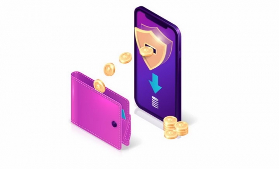 3D风格紫色钱包中的金币进入到智能手机中象征了移动网络支付png图片免抠矢量素材