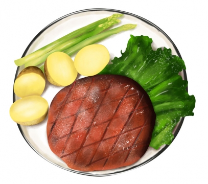 手绘风格牛排土豆和生菜西餐美食图片免抠素材