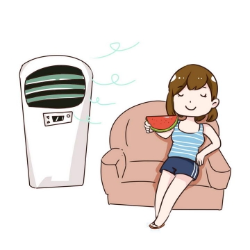手绘卡通风格坐在沙发上吃西瓜吹空调的少女图片免抠素材
