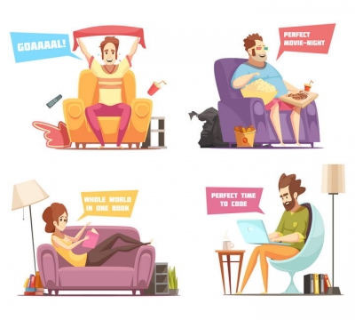 四款坐在沙发上的年轻人漫画风格人物图片免抠素材
