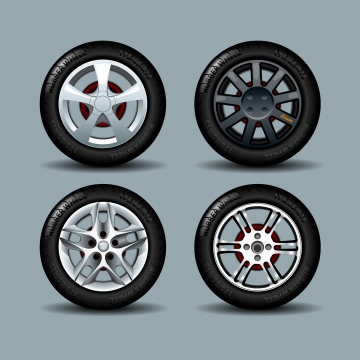 四款逼真的汽车轮胎和铝合金金属轮毂侧视图png图片免抠矢量素材