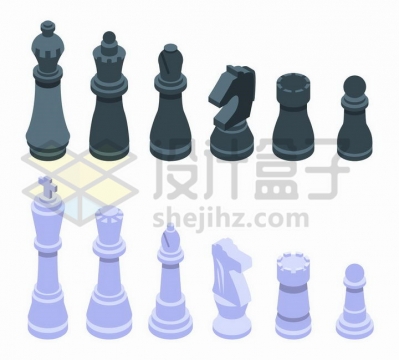 黑色和蓝紫色的2.5D风格国际象棋棋子png图片免抠矢量素材
