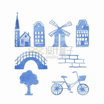 教堂大风车拱桥砖块大树自行车蓝色水彩插画png图片素材