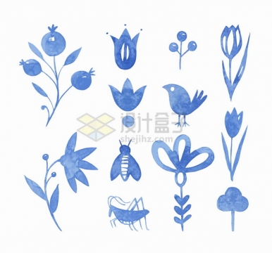 水果鲜花小鸟蜜蜂蚂蚱蓝色水彩插画png图片素材