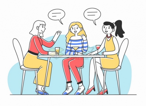 三个喝酒聊天的女孩好朋友闺蜜手绘插画png图片素材