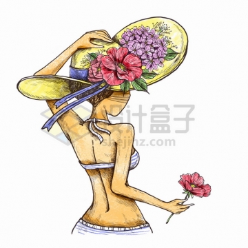 炎炎夏日夏天里戴着草帽拿着鲜花的窈窕淑女背影美女彩绘插画png图片素材
