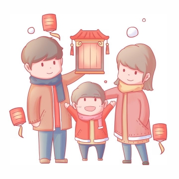 新年春节一起看花灯的卡通一家人png图片免抠素材