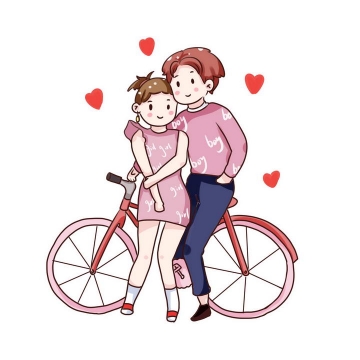 手绘粉色风格依偎在自行车旁的情侣情人节图片免抠素材