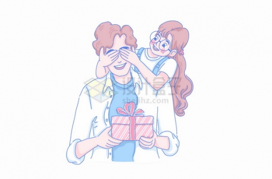卡通女孩捂住爸爸的眼睛送父亲节礼物亲子关系彩绘插画png图片素材
