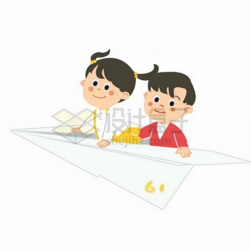 两个卡通小孩坐在纸飞机上六一儿童节主题插画png免抠图片素材