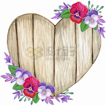心形木板和三色堇蝴蝶兰花朵花卉装饰标题框水彩插画png图片免抠矢量素材
